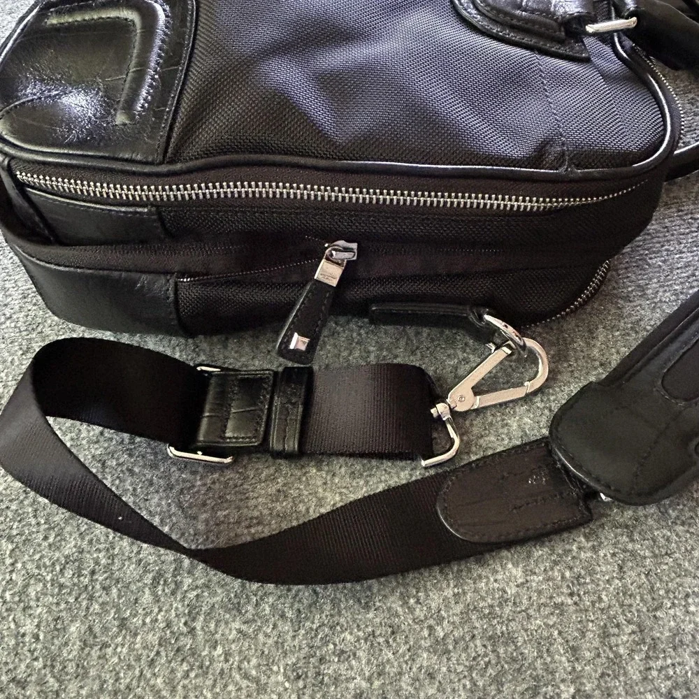 TUMI Black Ballistic Nylon Croc Embossed Leather Laptop Briefcase Bag